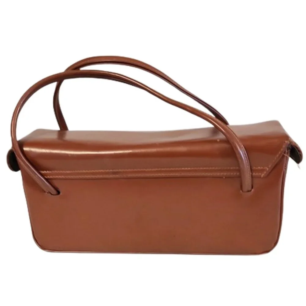 1950s Vintage Large Rust Brown Vinyl Box Handbag Purse With 2 Handles MCM - Picture 3 of 6